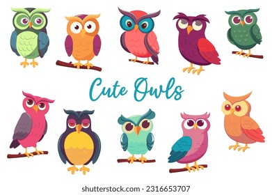 Cute owls set. A flat and colorful cartoon design featuring a set of cute owls in various poses and expressions. Vector illustration.