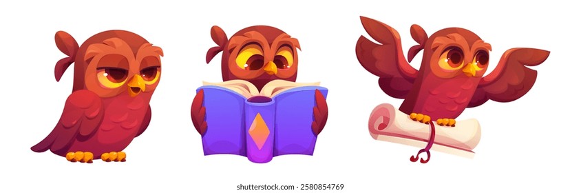 Cute owls set isolated on white background. Vector cartoon illustration of smart brown bird reading book, flying with paper scroll, school education animal mascot, symbol of knowledge and wisdom