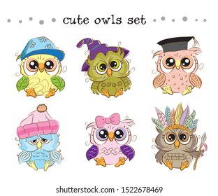 Cute owls set, vector and illustration