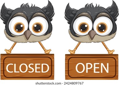 Cute owls with signs showing 'Closed' and 'Open'