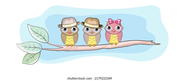 Cute owls sitting on a branch. Cartoon style vector illustration. Hand drawn cute owls, Perfect illustration for t-shirt wear,  print design, greeting card, party invitation and much more.