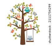 Cute owls are sitting on a tree. A tree with birds. Illustration for invitations, greeting cards, children's greetings. Isolated on white background.