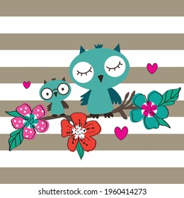 Cute owls sitting on tree branch vector illustration.