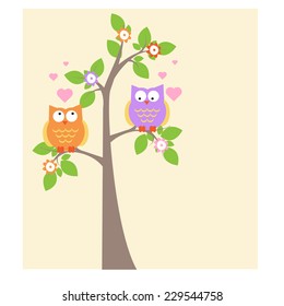 cute owls sitting on a tree. vector