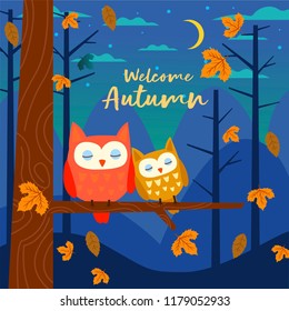 Cute Owls Sleeping In the Forest At Night In Autumn Fall Season