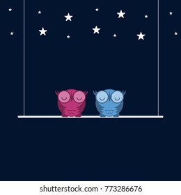 Cute Owls Sleeping on a Swing. Starry Night. Good Night Concept. Flat Design Style. Vector Illustration