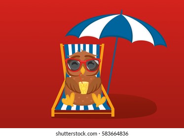 Cute owls in sunglasses on vacation lying and relaxing on a deck chair under an umbrella. Owlet drink cocktail. Postcard on holiday. Free space for your ad or text. Vector illustration on a red back