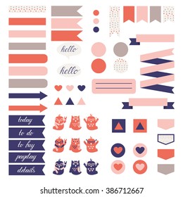 Cute owls and triangle pattern in pastel pink, beige and blue.
Stickers for organized planner. Template for planner, scrapbooking, wrapping, wedding invitation, notebooks, diary.