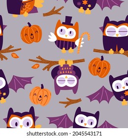 Cute Owls vampire with pumpkins seamless pattern. Holiday neutral kids design for clothes, nursery decor, paper, cover, fabrics and Halloween party celebration 
