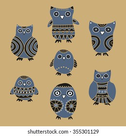 Cute Owls vector illustration. Set of cartoon owls and owlets on a beige background