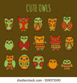 Cute Owls vector illustration. Set of bright cartoon owls and owlets on a dark background