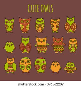 Cute Owls vector illustration. Set of bright cartoon owls and owlets on a brown background