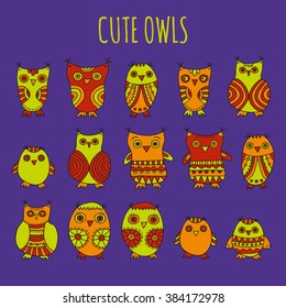 Cute Owls vector illustration. Set of bright cartoon hand drawn owls and owlets on a dark violet background