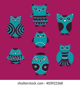 Cute Owls vector illustration. Set of blue cartoon owls and owlets on a pink background