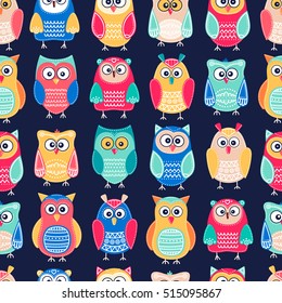 Cute owls. Vector seamless pattern with hand drawn flat birds. Colorful owl with white doodle ornament. Nice background for kids. Red, blue, yellow, grey, beige and white colors.