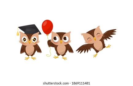 Cute Owls Wearing Graduation Hat and Holding Balloon Vector Set