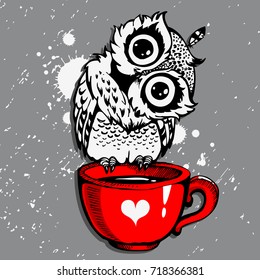 Cute Owl/Vector Owl/cartoon bird/t-shirt design owl/ grunge background with bird / owl hipster print/owl character/Owl with coffee/hand drawn owl