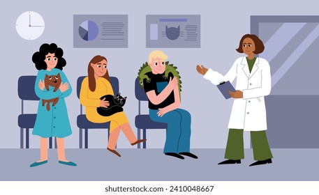 Cute owners with pets waiting for turn. Waiting for appointment in vet office, animals care, examination and treatment, vector illustration.eps
