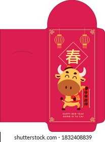 Cute ox Cartoon Ang Pau. Chinesisches New Year Red Packet Template. Jahr der oxroten Packung. Übersetzung: Frühling und Segen viel Glück - Vektorvorlage