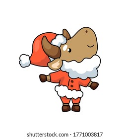 Cute ox cartoon character as Santa Claus. 2021 Year Lunar Zodiac Animal. Chinese New Year of Ox. Cow vector illustration on white background. Friendly bull mascot. Santa Claus ox. Christmas sticker