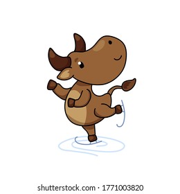 Cute ox cartoon character skating. Cow vector illustration on white background. Friendly bull mascot. 2021 Year Lunar Zodiac Animal. Chinese New Year of Ox. Farm animal doing winter sport. Cow icon