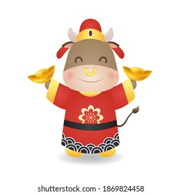 Cute ox character in Chinese costume smiling while holding gold in both hand. Cartoon style vector isolated on white.