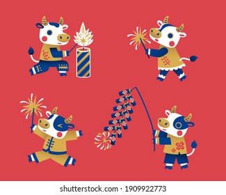 Cute ox with Chinese clothing lighting firecrackers. Animal characters isolated on red background. Suitable for Chinese new year.