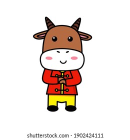 Cute ox with congratulation hand gesture. Chinese new year concept. Year of the ox. Vector flat illustration