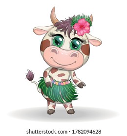 Cute ox, Kuh Charakter der hawaiianischen Hula Tänzer. Fröhlicher Ochentanz. Tiersymbol des Jahres 2021. Cute Bull Maskottchen