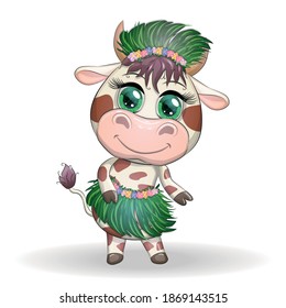 Cute ox, cow character of Hawaiian hula dancer. Cheerful ox dancing. 2021 Lunar Year animal symbol. Chinese new year Cute Bull mascot
