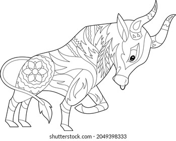 Cute ox. Doodle style, black and white background. Funny animal, coloring book pages. Hand drawn illustration in zentangle style for children and adults, tattoo.