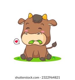 Cute ox eating grass cartoon character. Adorable animal concept design. Isolated white background. Vector illustration