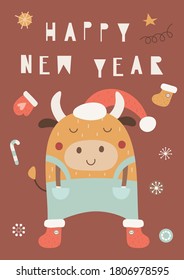 Cute Ox. Greeting card for Happy Chinese new year 2021 - funny bull and winter decorations. Vector illustration. Lettering Happy New Year.