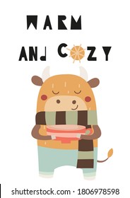 Cute Ox. Greeting card for Happy Chinese new year 2021 - funny bull with coffee or cacao cup. Vector illustration. Lettering Warm and cozy.
