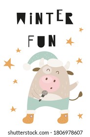 Cute Ox. Greeting card for Happy Chinese new year 2021 - funny bull with microphone. Vector illustration. Lettering Winter fun.
