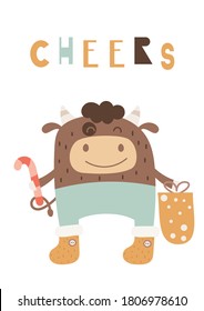 Cute Ox. Greeting card for Happy Chinese new year 2021 with funny bull, candy cane and gift box. Vector illustration. Lettering Cheers.