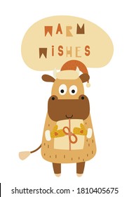 Cute Ox. Greeting card for Happy Chinese new year 2021 with funny bull and present. Vector illustration. Lettering Warm wishes.