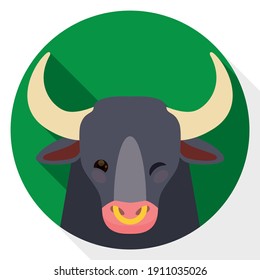 Cute ox head winking at you over green round button in flat style and long shadow effect.