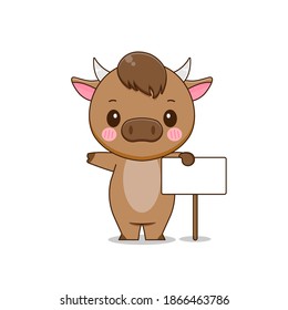 Cute ox holding blank board. Vector illustration of chibi character isolated on white background.