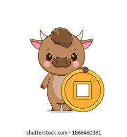 Cute ox holding coin. Vector illustration of chibi character isolated on white background.