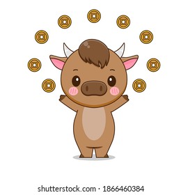 Cute ox holding coin. Vector illustration of chibi character isolated on white background.
