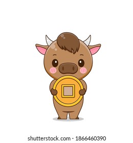 Cute ox holding coin. Vector illustration of chibi character isolated on white background.
