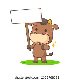 Cute Ox holding empty board cartoon character. Adorable animal concept design. Isolated white background. Vector illustration