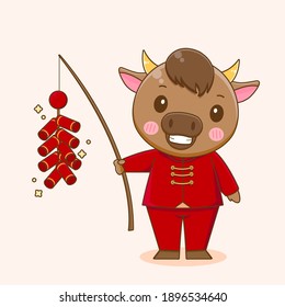 Cute ox holding fireworks. Vector illustration of chibi character isolated on white background.