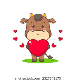 Cute Ox holding red love heart cartoon character. Adorable animal concept design. Isolated white background. Vector illustration