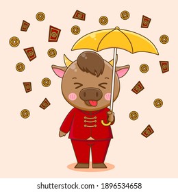 Cute ox holding umbrella. Vector illustration of chibi character isolated on white background.