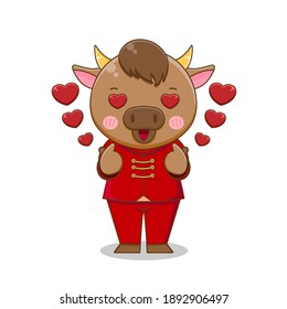 Cute ox in love. Vector illustration of chibi character isolated on white background.