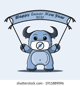 Cute ox mascot in blue color holding a happy lunar new year banner used medical mask
