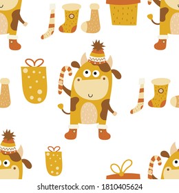Cute Ox. Seamless pattern for Happy Chinese new year 2021 - funny bulls, presents and stockings. Vector illustration in trendy mustard colors. Great for packaging. Pattern is cut, no clipping mask.