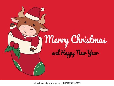 Cute ox sitting in the sock. Christmas hand drawn vector illustration for greeting card. Isolated on red background. 